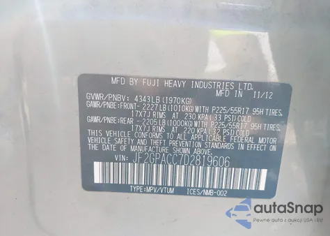 2013 Subaru Xv Crosstrek 2.0I Premium from USA, damaged, VIN JF2GPACC7D2819606